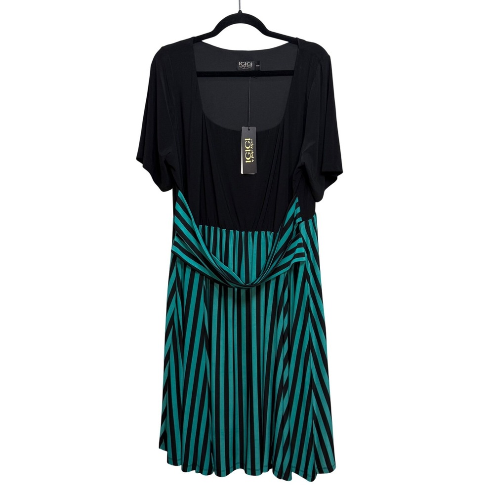IGIGI by Yuliya Raquel Dress 18/20 Black Teal Stripe‎ Fit & Flare Plus Size NWT